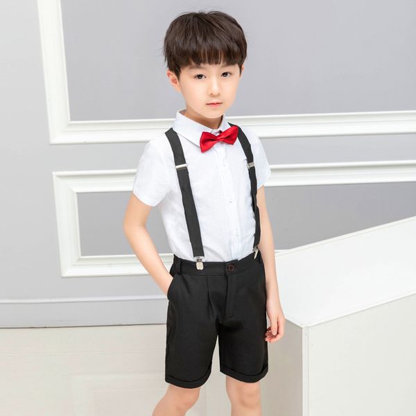 

kids formal school student graduation dress wedding suit for boys gentleman strap shirt shorts bowtie 4pcs performance costumes, White