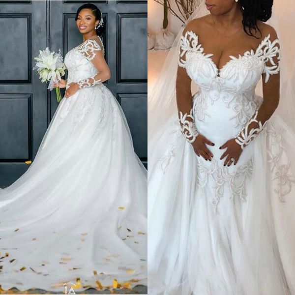 

modest plus size 2020 mermaid wedding dresses with detachable train lace appliqued beaded vestido de novia bridal gowns wedding dress, White