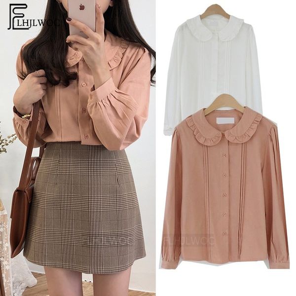 

autumn sprng button shirts blouses basic wear women preppy style sweet girls pink white button peter pan collar blouse 197