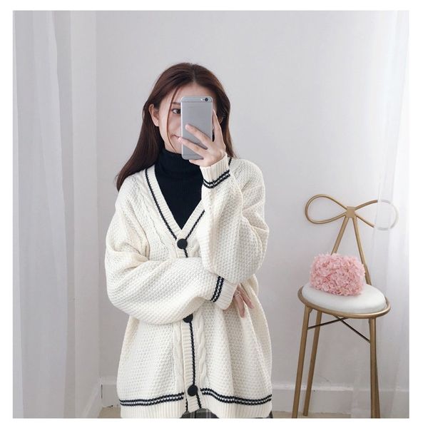 

women v neck oversize cardigan jacket coat long cardigans autumn knitting sweater cardigans, White