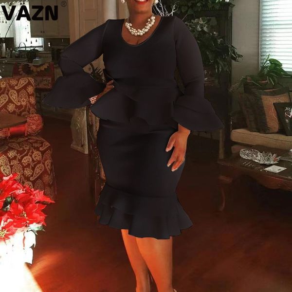 

vazn awe5095 new plus size upmarket party untidy fashion solid full sleeve high waist women mermaid thin midi dress, Black;pink