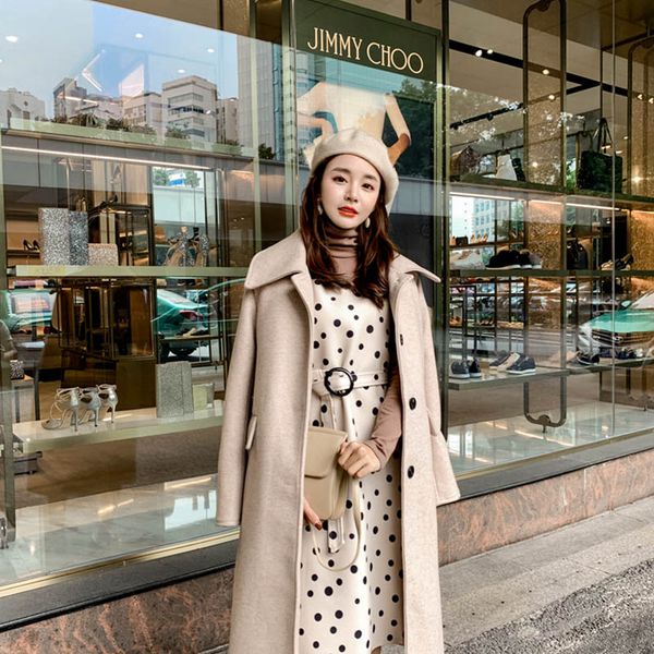 

oln 2019 women's woolen coats 2019 new style fashionable wind long overcoat autumn winter temperament coats warm outwear 16955, Black