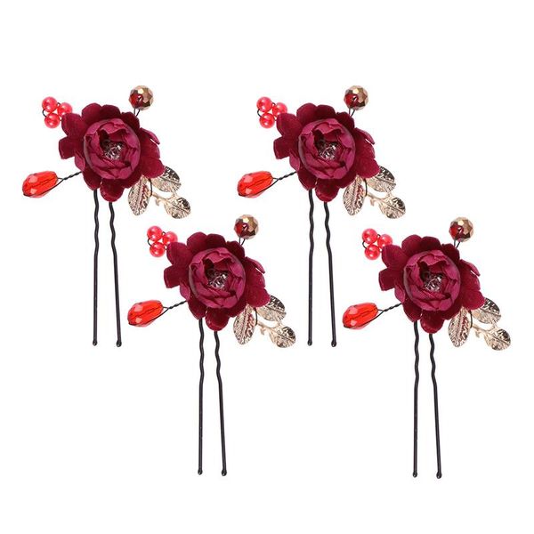 

4pcs red flower u-shaped hair stick hair decors clips accessories pins for bride bridesmaid girls, Golden;silver