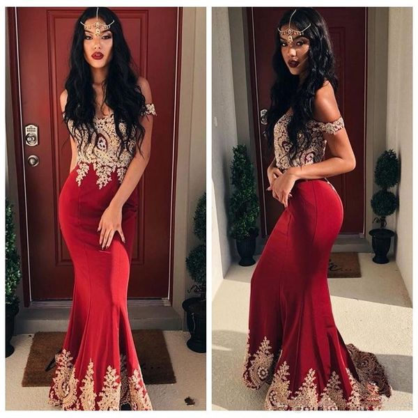 Sexy Dark Red Mermaid Prom Dresses With Gold Pattern Lace Applique New 2019 USA Miss Pageant Dress Off Shoulder Arabic Formal Evening Gowns Nice Prom