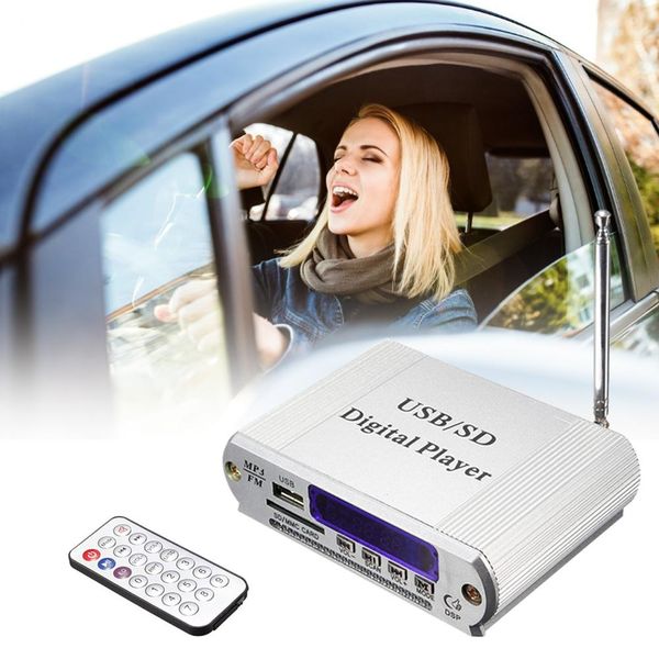 

mini car mp3 12v usb sd mmc u disk digital player fm radio remote control colored led display stereo 3.5mm headphone jack mp3