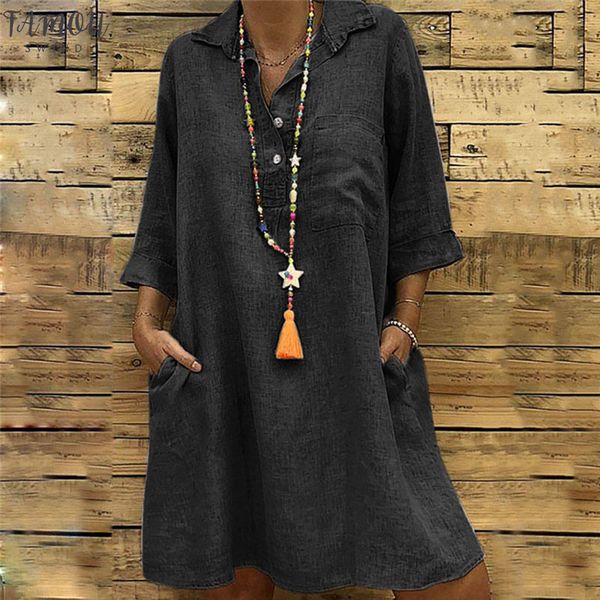 

летнее платье твердые boho платья большие размеры solid отложной воротник 3/4 рукавом повседневная карман кнопка платье богемского платья, Black;gray