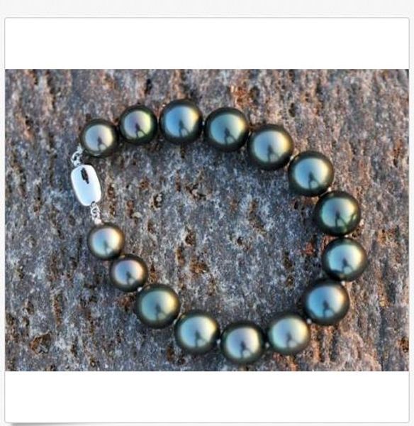 

7.5-8 12-13mm tahitian black green round pearl bracelet