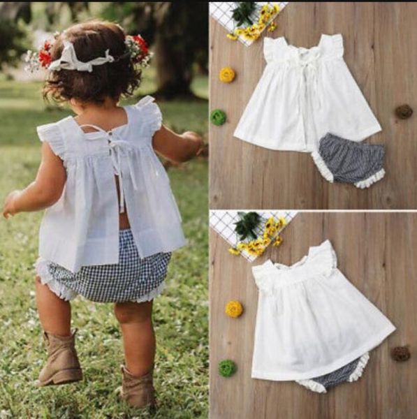 

wholesale kids designer clothes girls little girls summer baby outfits infant clothing toddler bow blouse plaid shorts set by0878, White