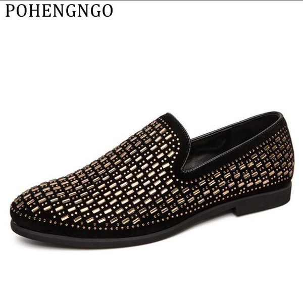 

new handmade gold diamond men loafers nightclub bar smoking slipper european style luxury party men pointed dress shoes, Black