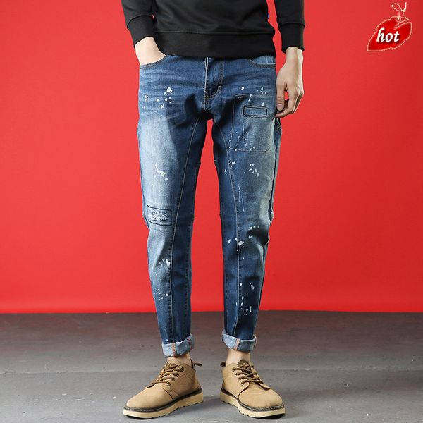 

jeans men 2019 new brand fashion solid slim fit retro hole print spray paint loose straight denim pants plus size o8r2, Blue