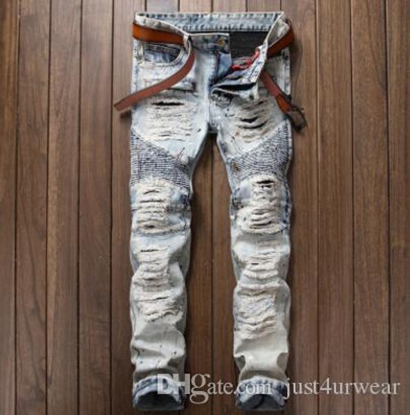 

vintage washed fashion jeans men slim straight jean pants ripped destroyed long trousers, Blue
