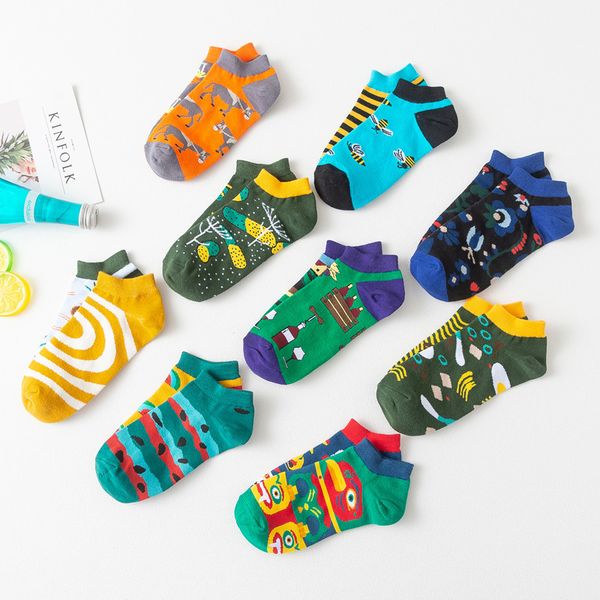 

1pair male crew socks men casual socks cotton unique cartoon animal fruit funny cute cool asymmetrical ab, Black