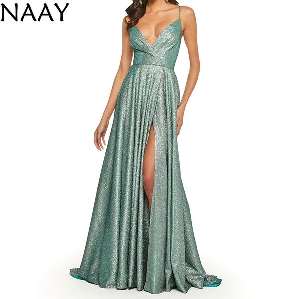 

naay prom dress 2020 sleeveless v-neck a line special occasion evening gowns high split vestido azul marino, White;black