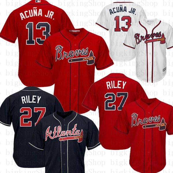 

2019 ronald acuna jr. jr braves jersey 27 austin riley 44 hank aaron 10 chipper jones 5 freddie an baseball 202020, Blue;black