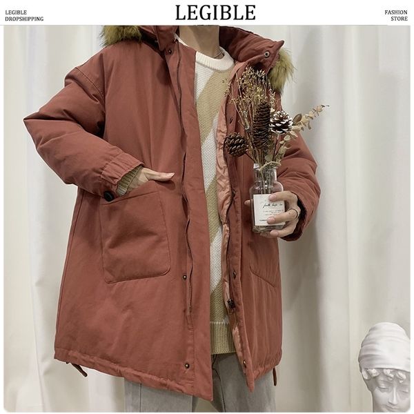 

legible winter men's large fur collar long winter parkas men woman fahsion streetwear jacket outwear male coat thick warm, Black