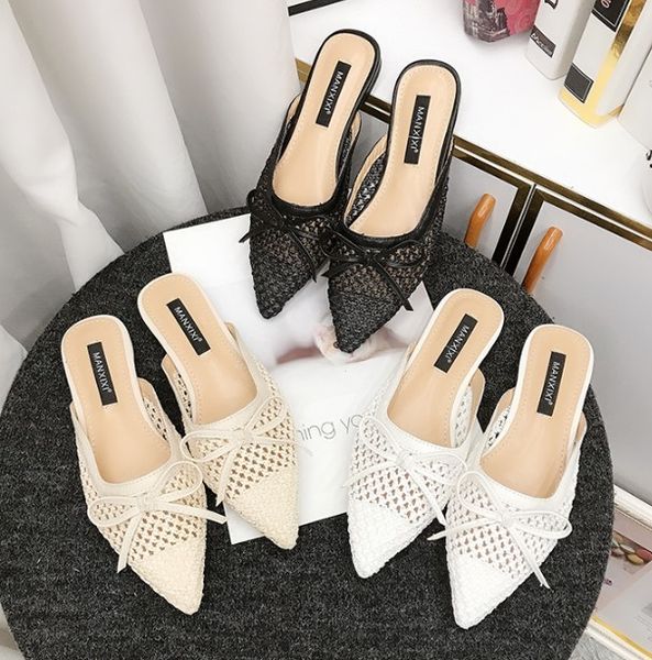 

cover toe female shoes slippers flat slides fashion loafers pointed 2020 rubber pu fretwork bonded leather microfiber, Black