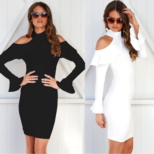 

summer autumn women long sleeve stand collar dress ruffled bodycon skinny dresses for party pure color mini sundress, Black;gray
