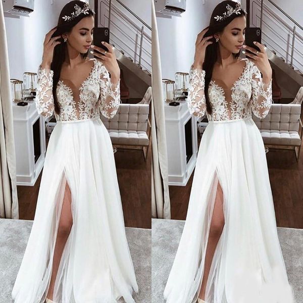 

2020 plunging v neck long sleeves wedding dresses chiffon a line lace appliques floor length beach boho bridal gown with side split, White