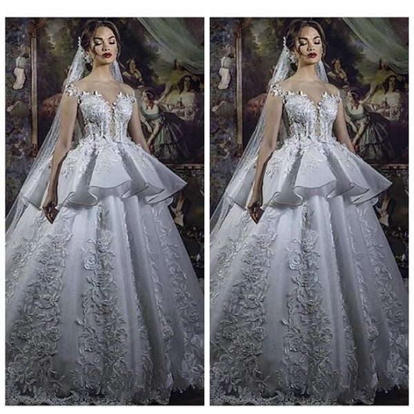 

2021 sheer short sleeves lace appliques ball gown wedding dresses custom pleated bridal gowns modest long robe de marriage formal robe, White