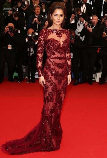 

2020 new charming mermaid evening dresses sheer neck lace appliques beaded long sleeve prom dress sweep length zipper back evening gowns, Black;red