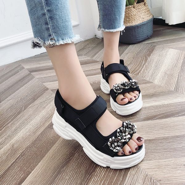

rimocy glitter floral chunky platform sandals women fashion thick bottom wedges gladiator shoes woman ankle strap sandalias 2020 r06, Black
