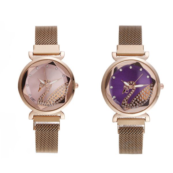 

geometric surface female luminous swan diamond watch clock women's fashion stainless steel mesh magnetic buckle watches, Slivery;brown