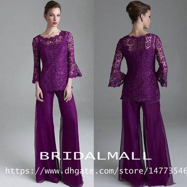 

classy 2019 purple lace mother of the bride pant suits sheer jewel neck long sleeves wedding guest pantsuit plus size mothers groom dresses, Black;red