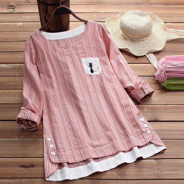 

womens casual and blouses ladies striped cat embroidery long sleevel blouse women plus size #1228, White
