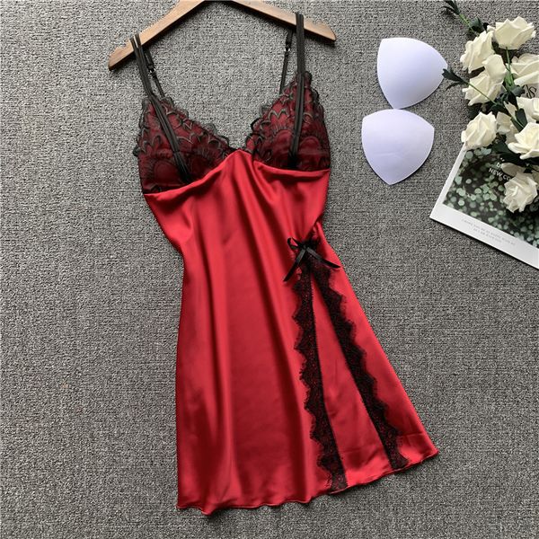 

woman ice silk nightgown v-neck with chest pad lace imitate real silk sleepwear, Black;red