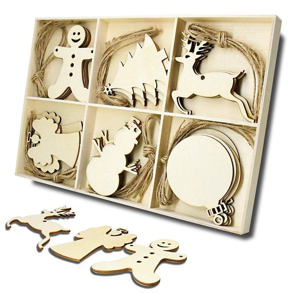 

jfbl wooden christmas tree and snowman shaped embellishments hanging ornaments decoration with natural twine (each of 5