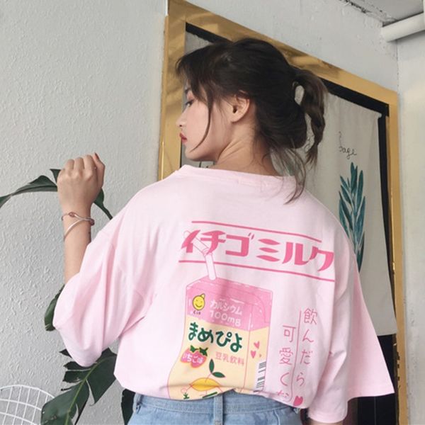 

женщины футболка женской одежды женской harajuku kawaii футболка лето женщина хлопок t рубашка печать молоко сыпучего короткий рукав тройник, White