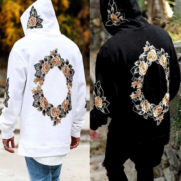 

2019 new high street fashion cotton hip hop zipper streetwear hoodie spring hoodies men embroidery floral hooded pullover male, Black