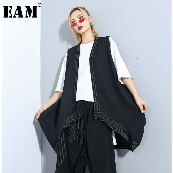 

eam] 2020 new spring summer v-collar sleeveless black hem irregular stitch big size irregular vest women vest fashion jq044, Black;white