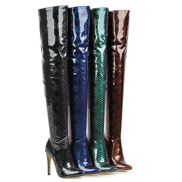 

2019 autumn women boots fashion faux snake leather over the knee boots thin high heel zipper winter pointed toe shoes, Black