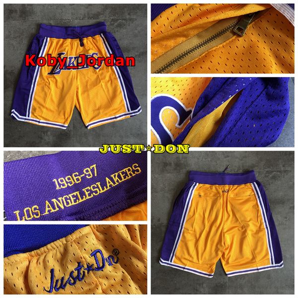 

mens just don pocket basketball shorts stitched 1996-97 yellow pocket los angeles lakers shorts lining mesh sports pocket sweatpants, Black