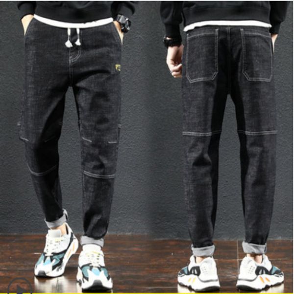 

black popular logo jeans male easy wash pants boy leisure trend bigger sizes draw string haroun pants, Blue