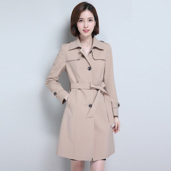 

2019 fashion spring and autumn new trench women casual long sleeve pockets trench coats solid color high waist long women, Tan;black