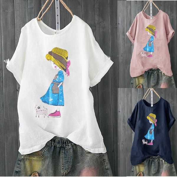 

2020 women's round neck cartoon cotton linen printing cotton and linen women's top, White