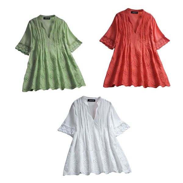 

2019 women summer v neck short sleeve plain loose cotton linen casual hollow out ruffles blouse shirt, White