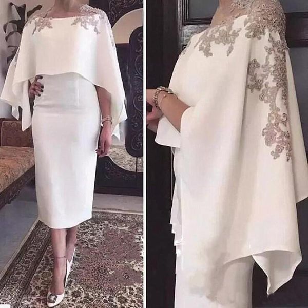 

2019 Cape Shawl Half Sleeves Mother of the Bride Dresses Appliques White Tea Length Sheath Cocktail Prom Dress Evening Gowns