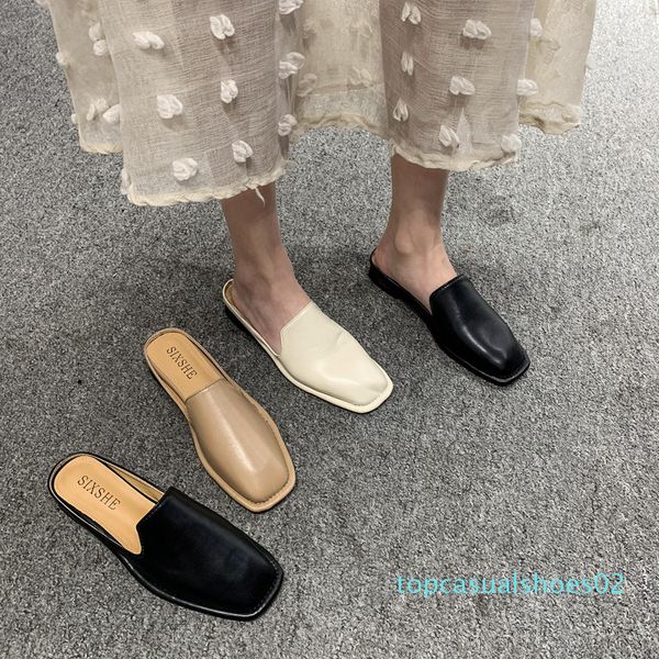 

korean women's shoes 2020 summer new square head simple solid color british wind flat bottom casual wear baotou slippers t02, Black