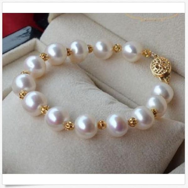 

2019 beautiful 7.5"-8" + 9-10mm south sea genuine white pearl bracelet 14k clasp, Black