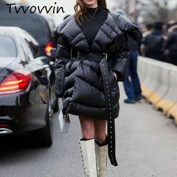 

tvvovvin 2019 autumn winter woman new black long sleeve big turn-down collar adjustable waist thick irregular down jackets c791, Tan;black