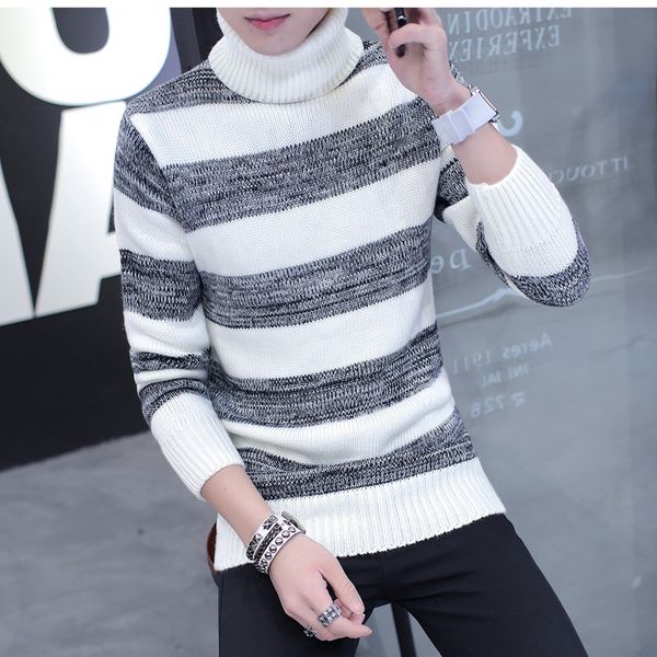 

2019 men turtleneck youth fashion city warm sweater leisure striped sweater, White;black