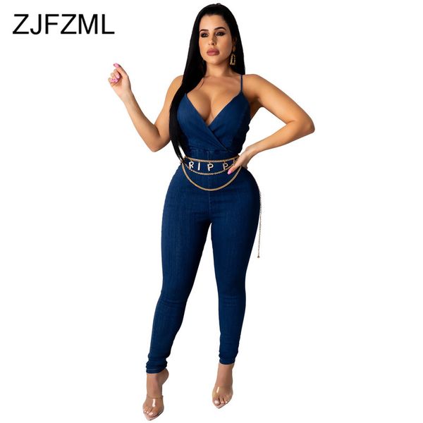 

spaghetti strap summer denim jumpsuits for women deep v neck sleeveless skinny romper casual high waist backless party bodysuit, Black;white