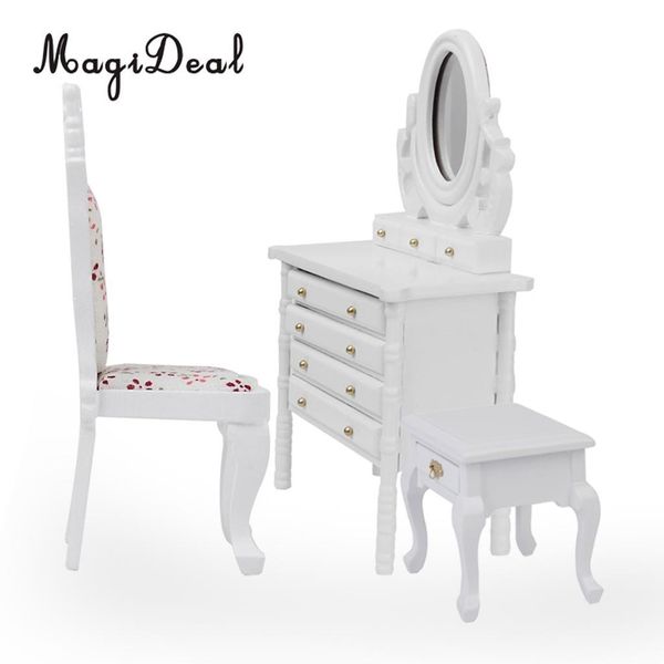 

magideal 1pc 1:12 dollhouse miniature white wooden dressing table model desk mirror furniture for bedroom dolls make-up toys y200428