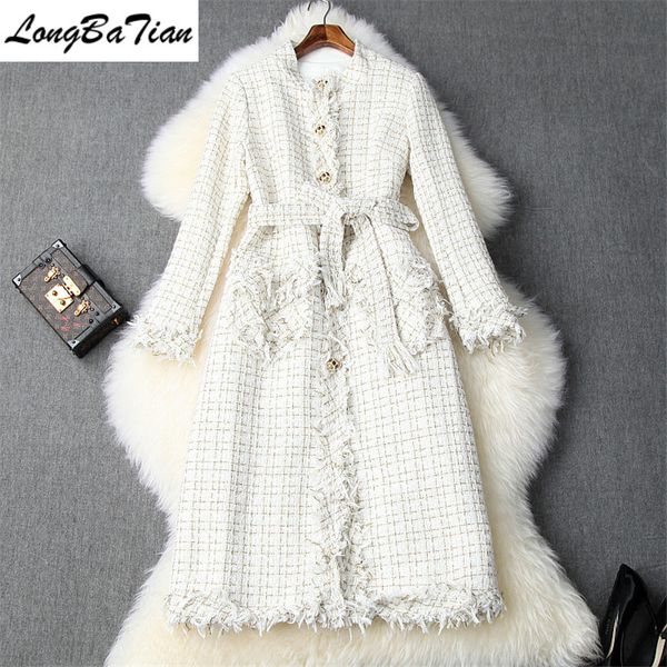 

winter women tweed tassel beaded single-breasted lace-up waist fashion plaid style long warm woolen coat, Black