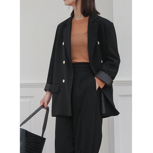 

temperament women autumn jacket double-breasted 2019 new fashion casual wild patchwork solid color long sleeve jacket women, Black;brown