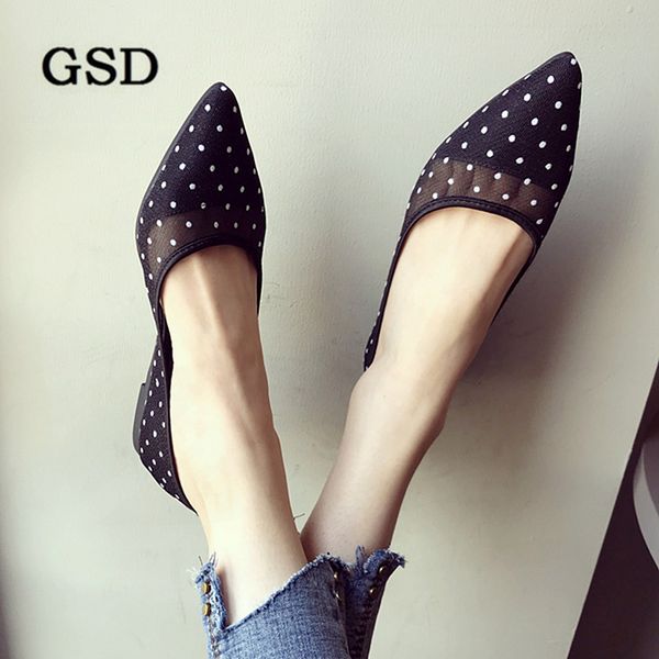 

lady ballet flats sweet pointy toe women's flats polka dot mesh ballerina flat shoes summer new women's shoes zapatillas mujer, Black