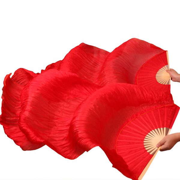

2018 handmade bamboo ribs dance props silk belly dance fans natural silk 1 pc left hand+1 pc right hand red colors, Black;red